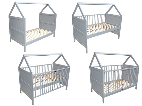 Babybett Kinderbett Juniorbett Bett Haus 140x70 cm umbaubar massiv grau